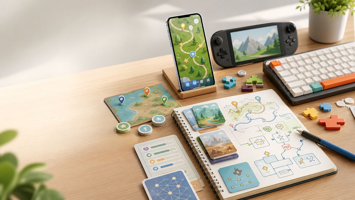A clean desk with game maps, puzzle tiles, a phone, a keyboard, and a strategy notebook.